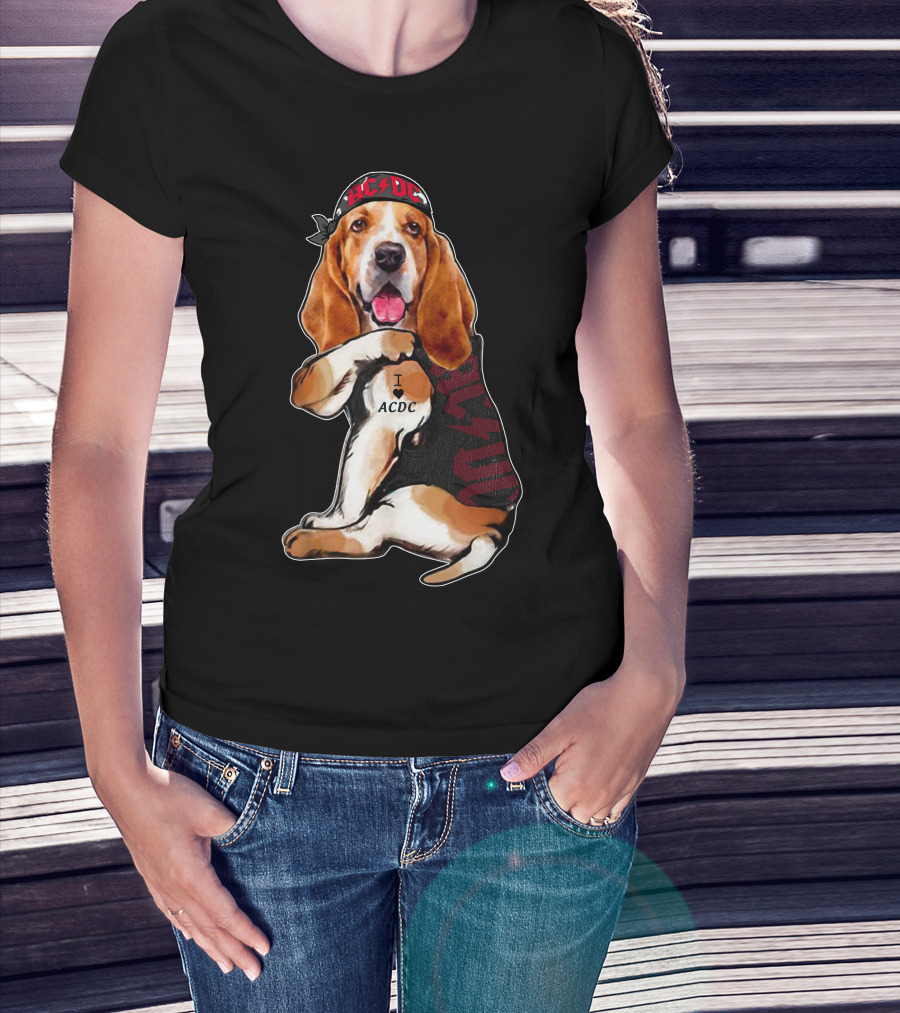 Basset Hound I Love Ac/Dc Bandana And Tattoo Style With Red Bandana And Black Vest T-Shirt