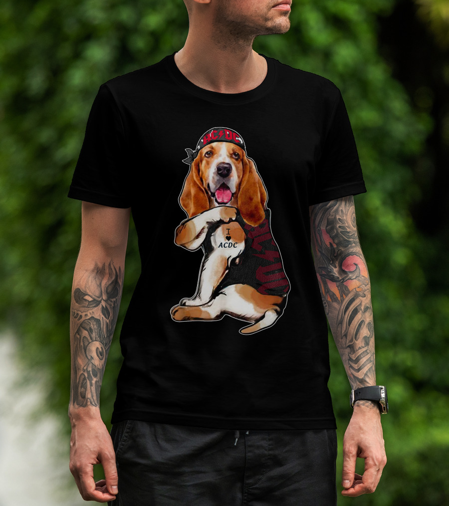 Basset Hound I Love Ac/Dc Bandana And Tattoo Style With Red Bandana And Black Vest T-Shirt