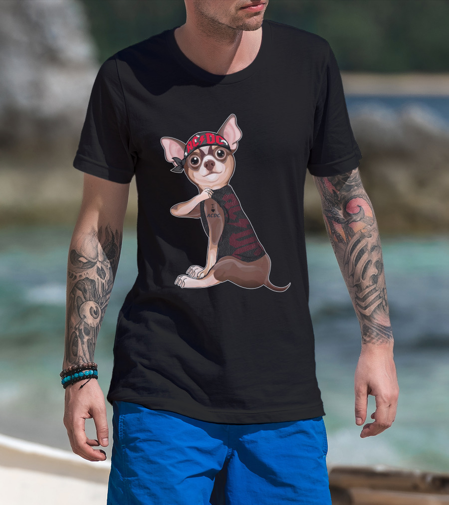 Chihuahua With I Love Ac/Dc Tattoo And Bandana T-Shirt