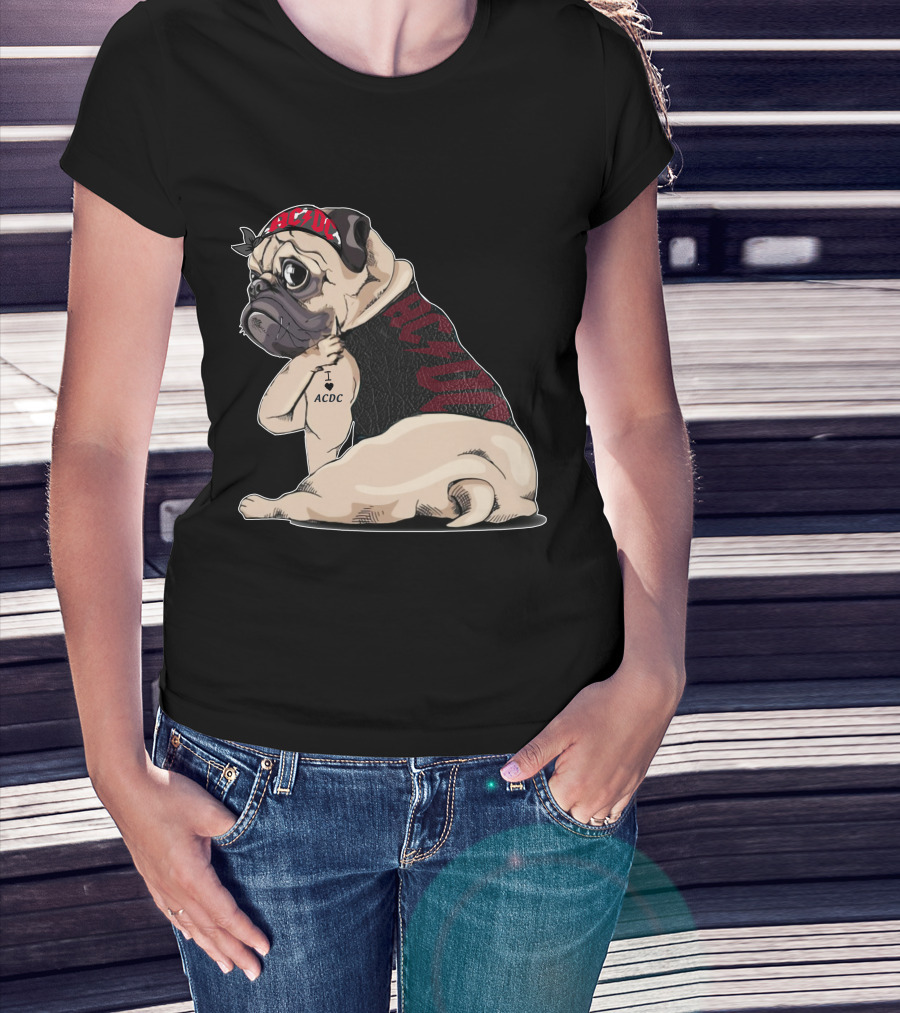 Ac/Dc Pug With I Love Ac/Dc Tattoo And Bandana T-Shirt