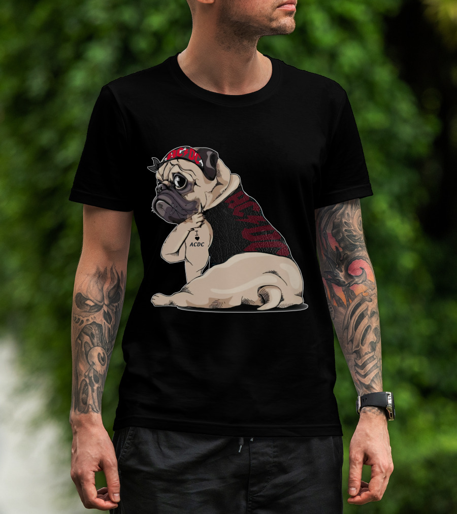 Ac/Dc Pug With I Love Ac/Dc Tattoo And Bandana T-Shirt