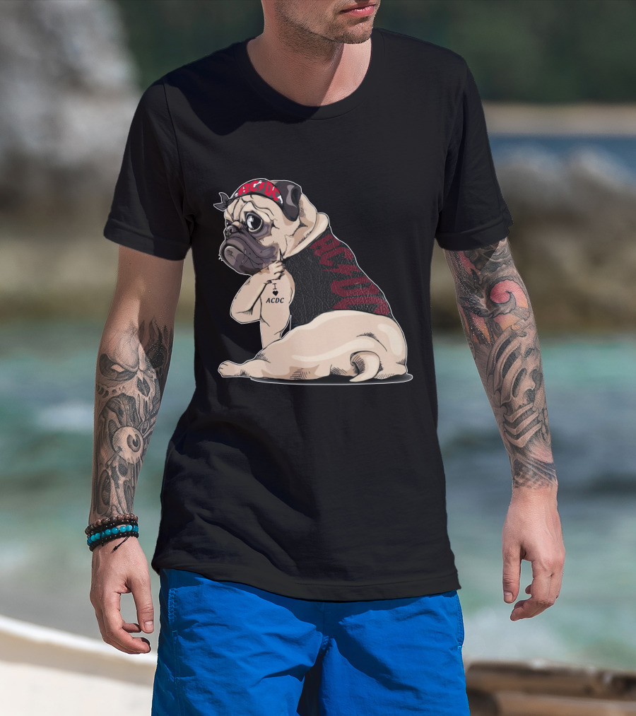 Ac/Dc Pug With I Love Ac/Dc Tattoo And Bandana T-Shirt