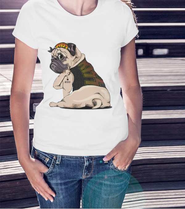 Kiss Bandana Pug With I Love Kiss Tattoo T-Shirt
