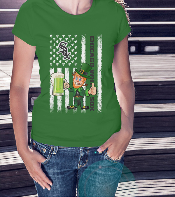 Chicago White Sox St Patrick's Day Leprechaun With Shamrock Beer And American Flag T-Shirt