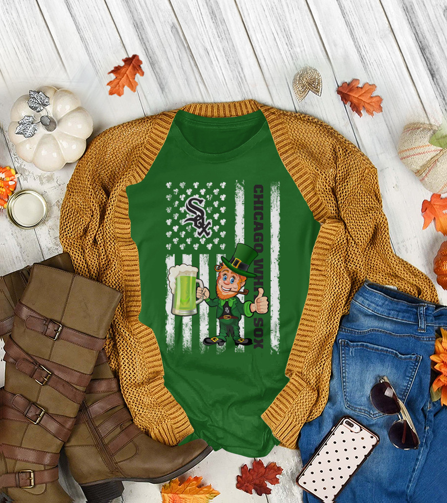 Chicago White Sox St Patrick's Day Leprechaun with Shamrock Beer and American Flag T-Shirt
