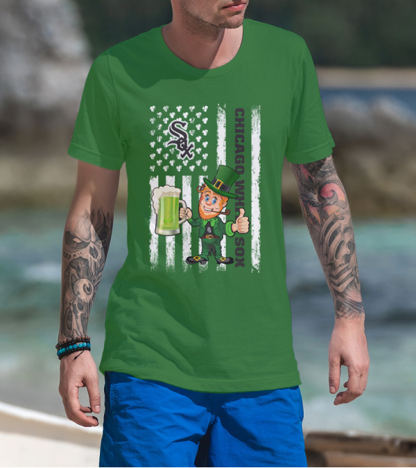 Chicago White Sox St Patrick's Day Leprechaun With Shamrock Beer And American Flag T-Shirt
