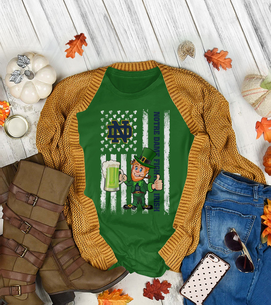 Notre Dame Fighting Irish Leprechaun with Beer and Shamrock Flag T-Shirt