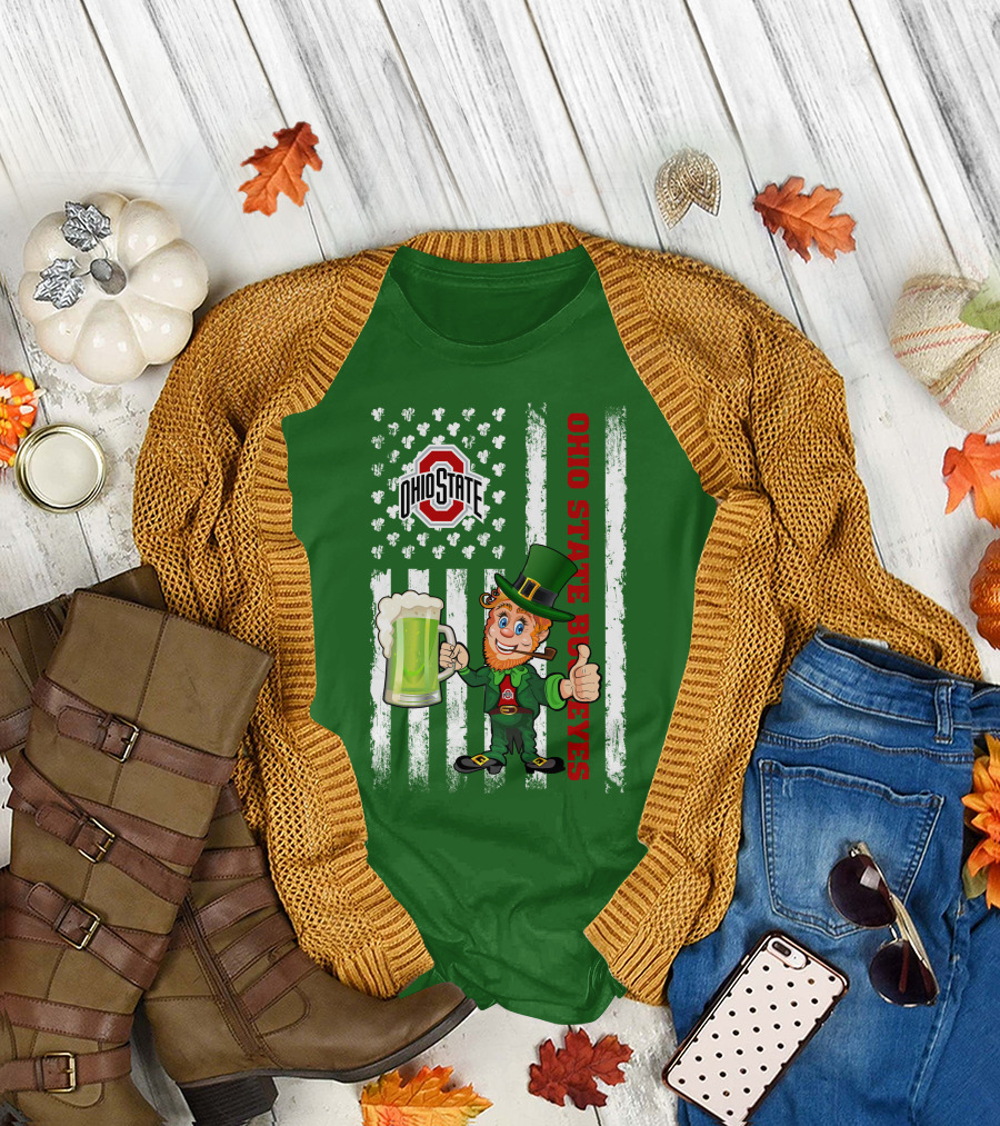 Ohio State Buckeyes Leprechaun St Patrick's Day Flag Shamrock Beer T-Shirt
