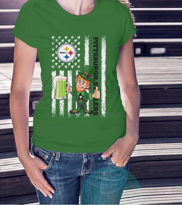 Pittsburgh Steelers Leprechaun St Patrick's Day Shamrock Beer Flag T-Shirt