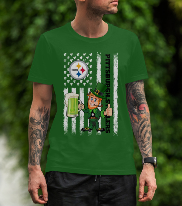 Pittsburgh Steelers Leprechaun St Patrick's Day Shamrock Beer Flag T-Shirt