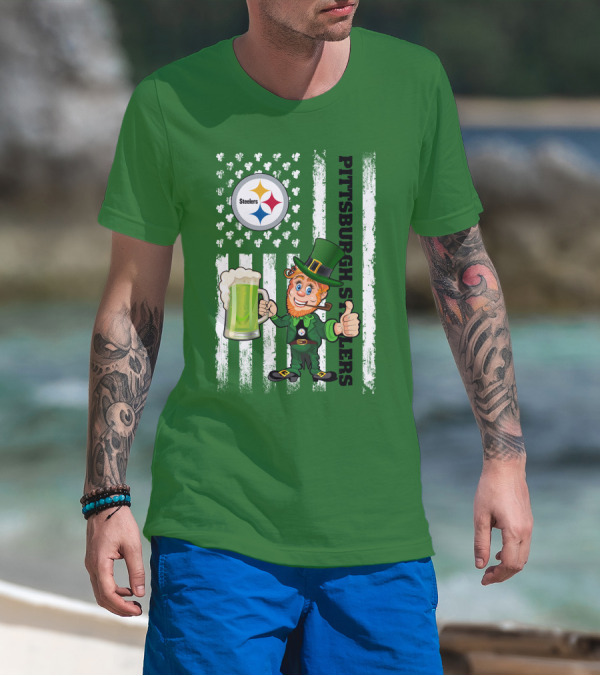 Pittsburgh Steelers Leprechaun St Patrick's Day Shamrock Beer Flag T-Shirt
