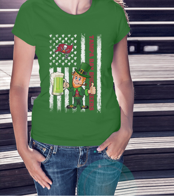 Tampa Bay Buccaneers St Patrick's Day Leprechaun Flag With Shamrocks And Green Beer T-Shirt
