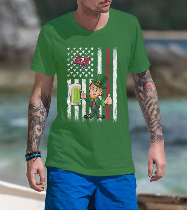 Tampa Bay Buccaneers St Patrick's Day Leprechaun Flag With Shamrocks And Green Beer T-Shirt