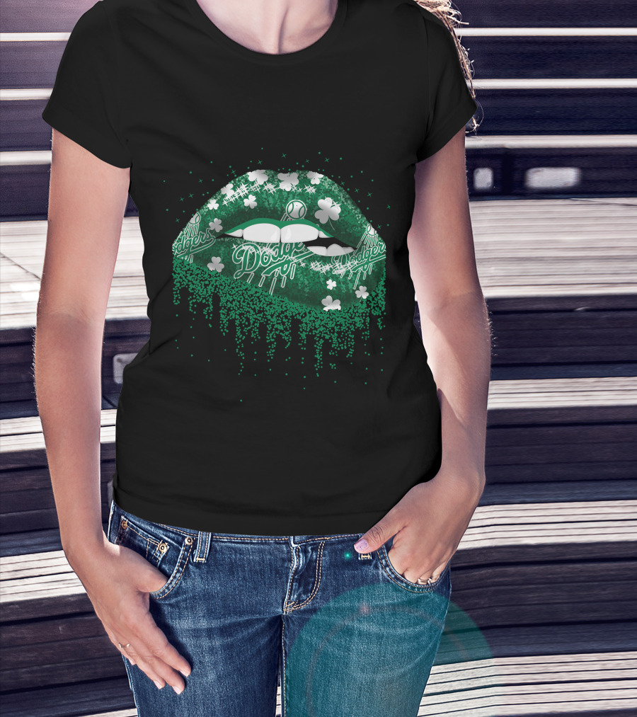 Los Angeles Dodgers Green Lips Clover Baseball T-Shirt