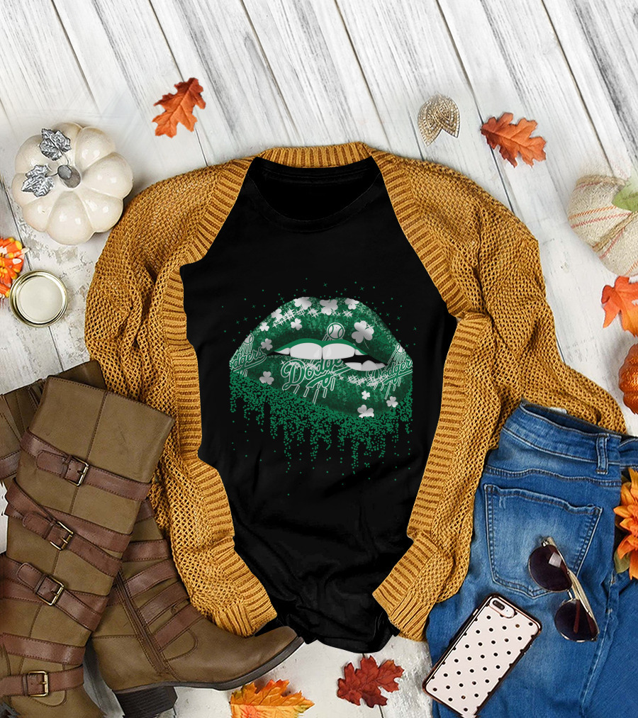 Los Angeles Dodgers Green Lips Clover Baseball T-Shirt