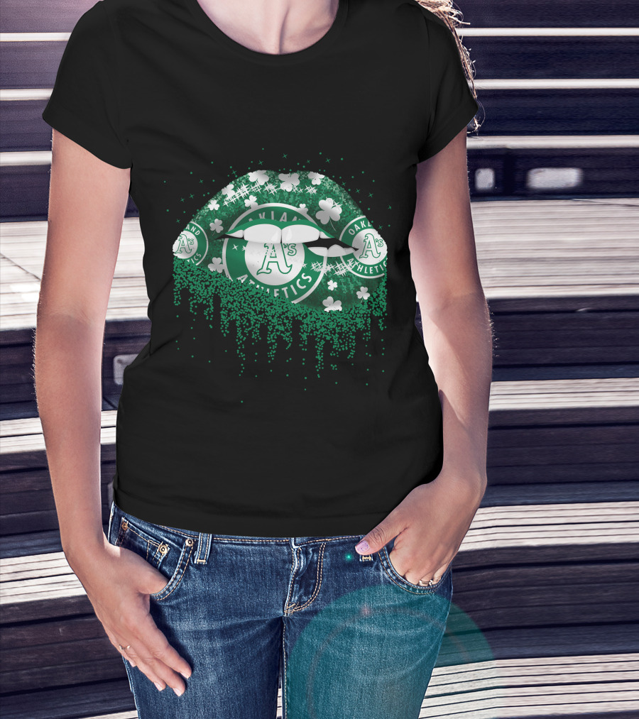 Oakland Athletics A's Logo With Shamrocks And Glitter Lips T-Shirt
