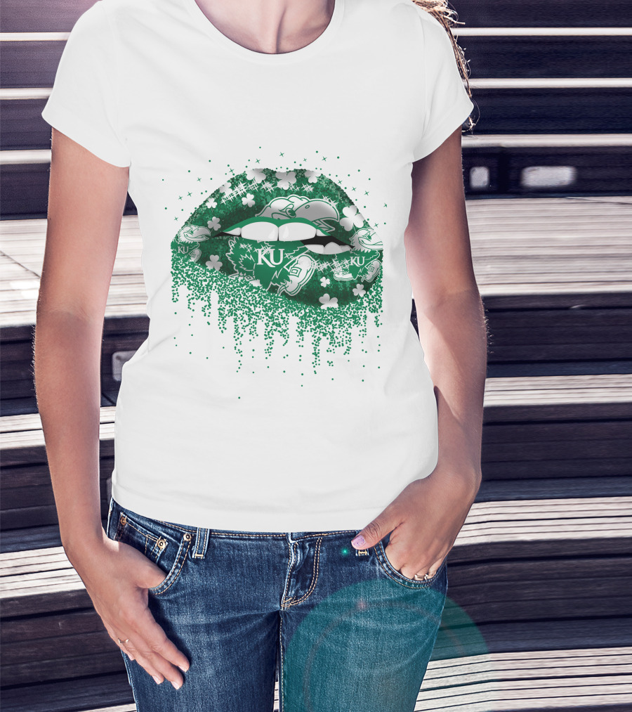 Kansas Jayhawks Lips Green Shamrock KU T-Shirt