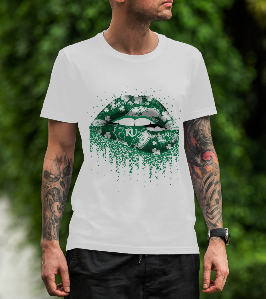 Kansas Jayhawks Lips Green Shamrock KU T-Shirt