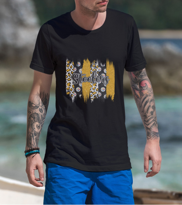 Steelers Leopard Glitter Stripes Brushstroke T-Shirt