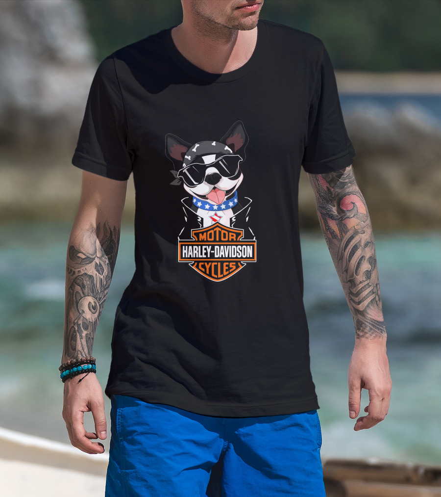 Harley Davidson Boston Terrier Motorcycle American Flag Scarf T-Shirt
