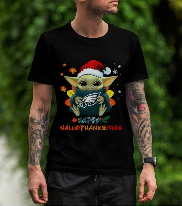 Happy Hallothanksmas Philadelphia Eagles Baby Yoda Santa Hat T-Shirt