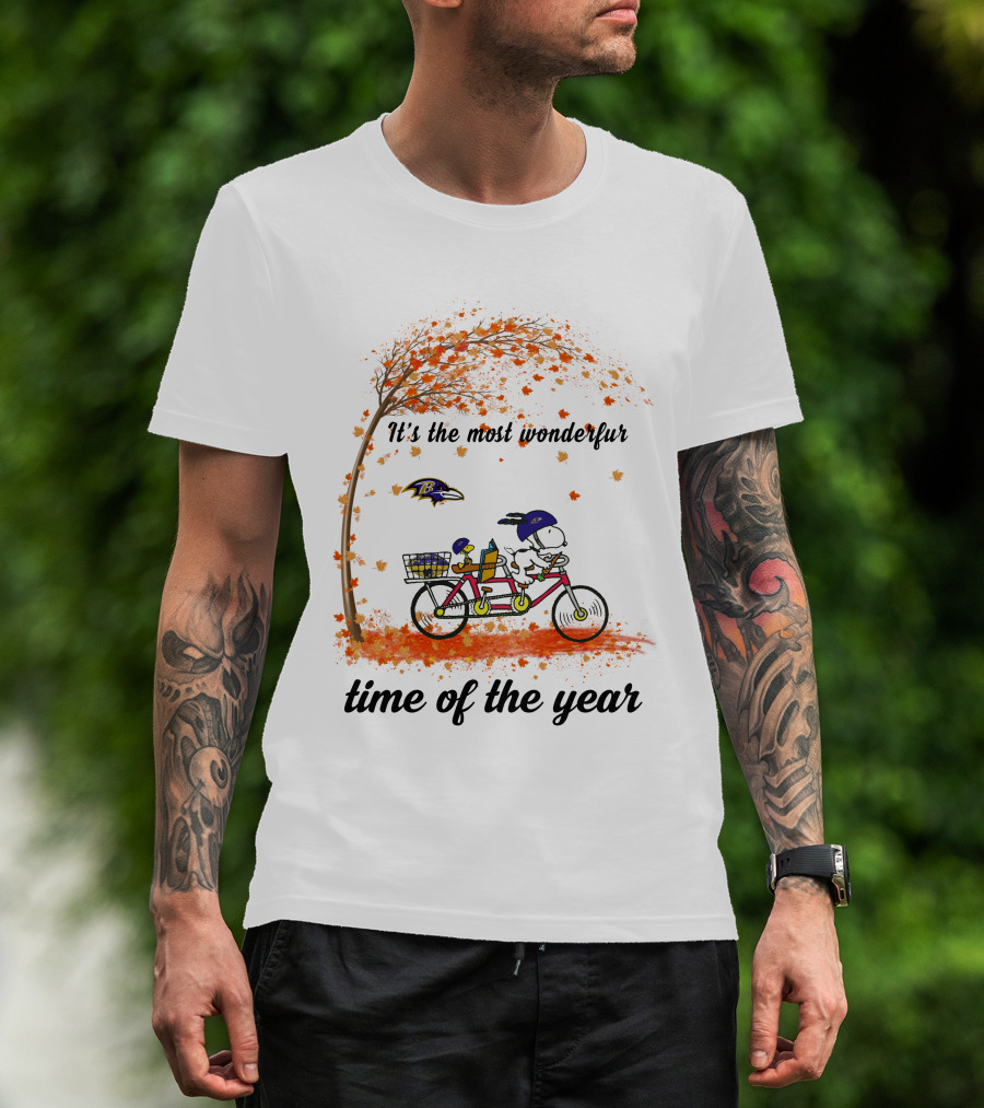 Baltimore Ravens Snoopy It's The Most Wonderful Time Of The Year Autumn Bicycle T-Shirt