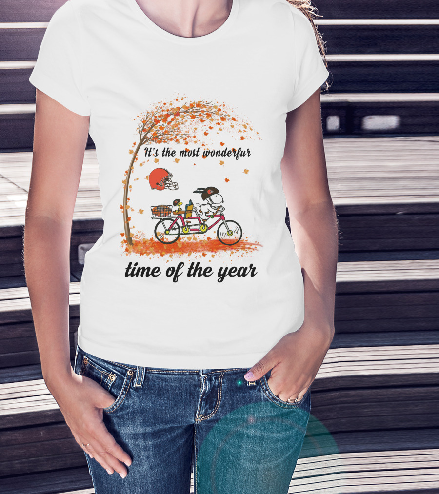 Cleveland Browns Baby Yoda Autumn Snoopy Tandem Bicycle It's The Most Wonderful Time Of The Year T-Shirt