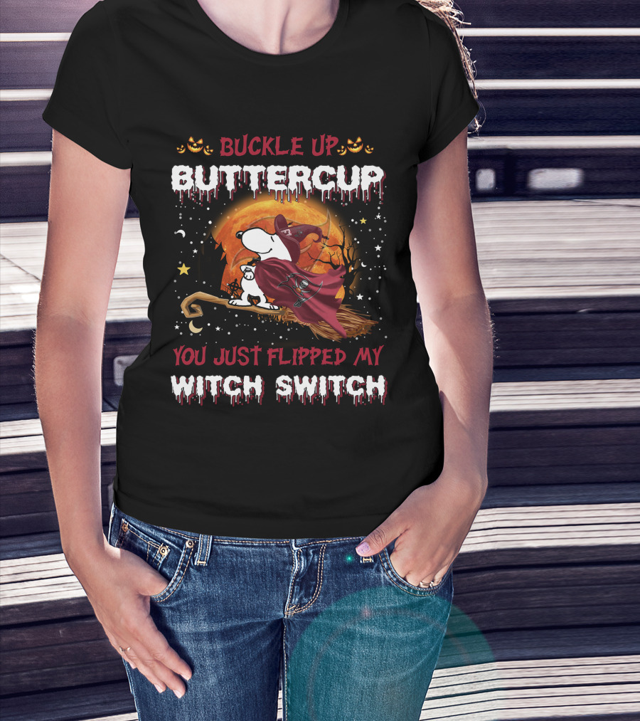 Buckle Up Buttercup You Just Flipped My Witch Switch Snoopy Broomstick Halloween Moon T-Shirt