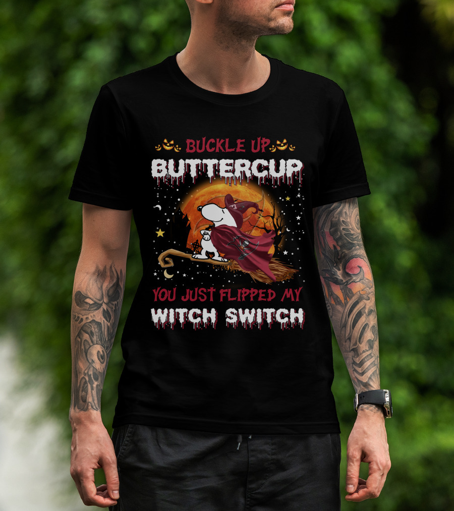 Buckle Up Buttercup You Just Flipped My Witch Switch Snoopy Broomstick Halloween Moon T-Shirt