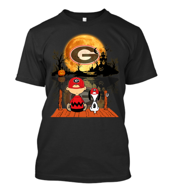 Georgia Bulldogs Halloween Moonlit Dock Scene With Peanuts Characters Charlie Brown And Snoopy Reflections T-Shirt