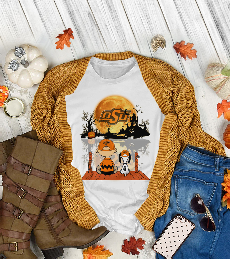 Oklahoma State Cowboys Halloween OSU Moon Charlie and Snoopy T-Shirt