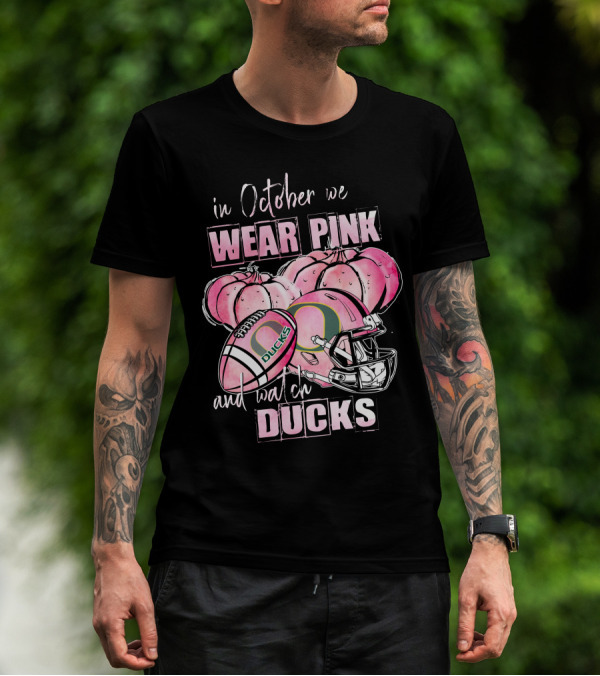 Oregon Ducks In October We Wear Pink And Watch Ducks Football Helmet Pumpkins T-Shirt