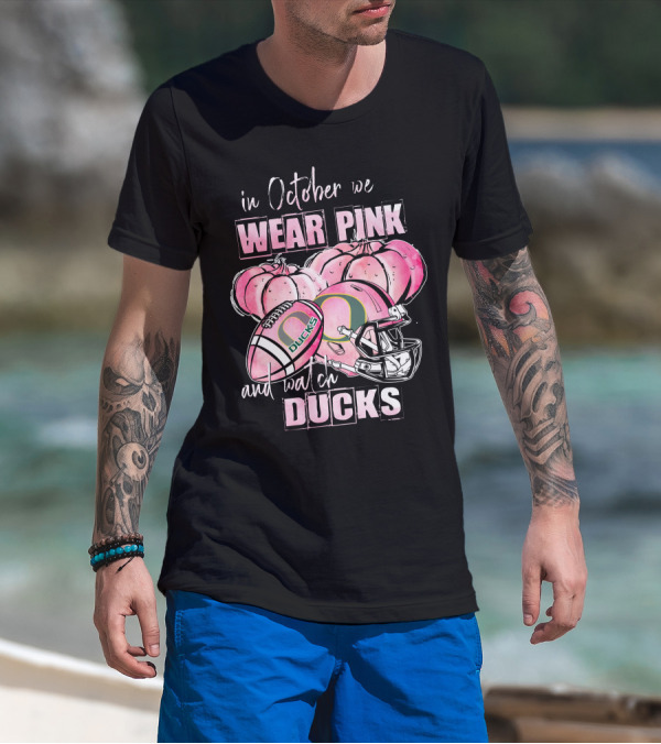 Oregon Ducks In October We Wear Pink And Watch Ducks Football Helmet Pumpkins T-Shirt
