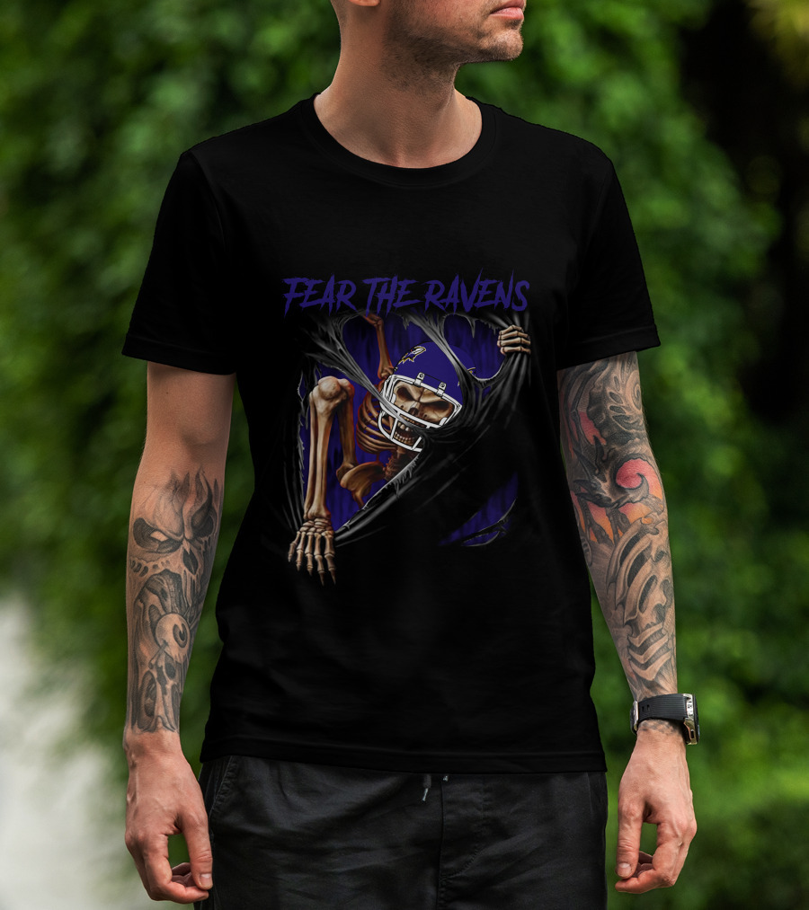 Fear The Ravens Baltimore NFL Skeleton Ravens Helmet Tear T-Shirt