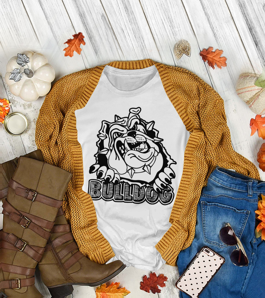 Bulldog Graphic with Spiked Collar and Paw Motif T-Shirt