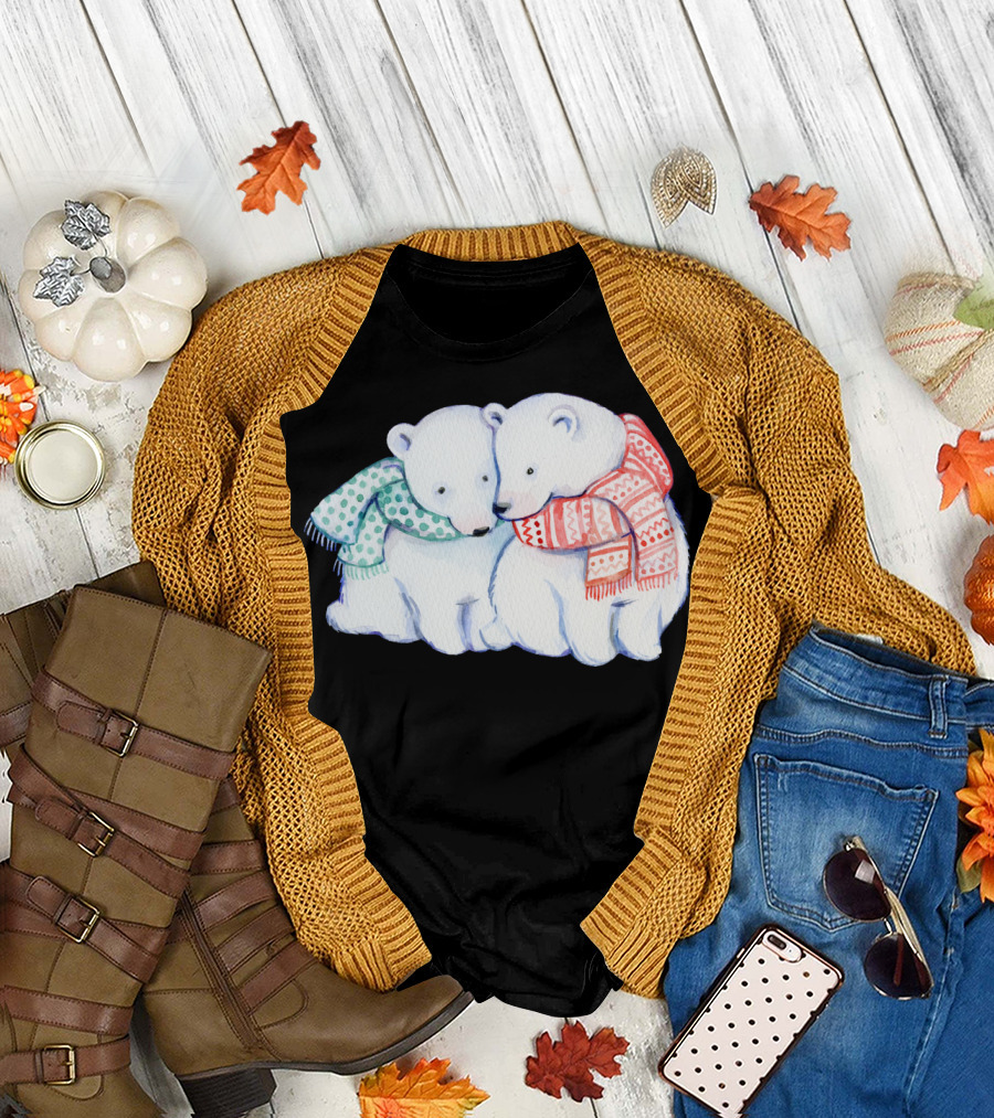 Polar Bear Pair in Cozy Patterned Scarves Embracing T-Shirt