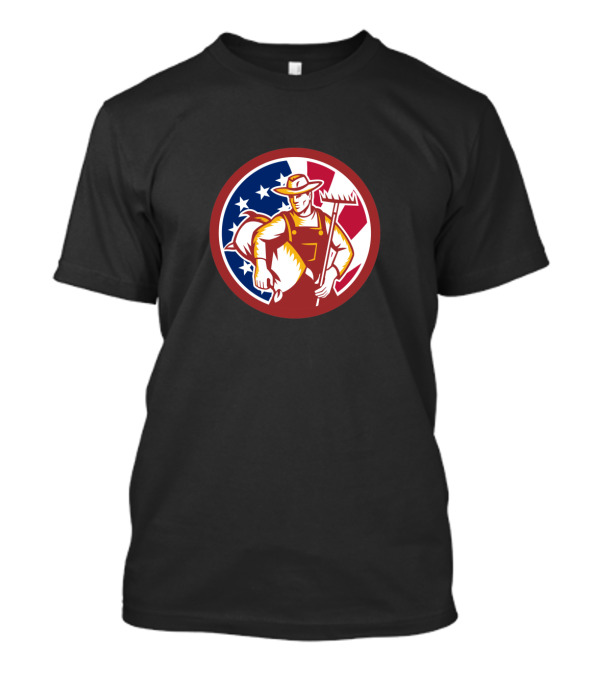 American Organic Farmer With USA Flag Background Carrying Pig And Holding Rake T-Shirt
