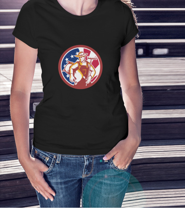 American Organic Farmer With USA Flag Background Carrying Pig And Holding Rake T-Shirt