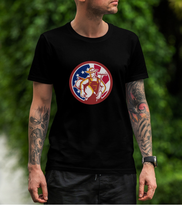 American Organic Farmer With USA Flag Background Carrying Pig And Holding Rake T-Shirt