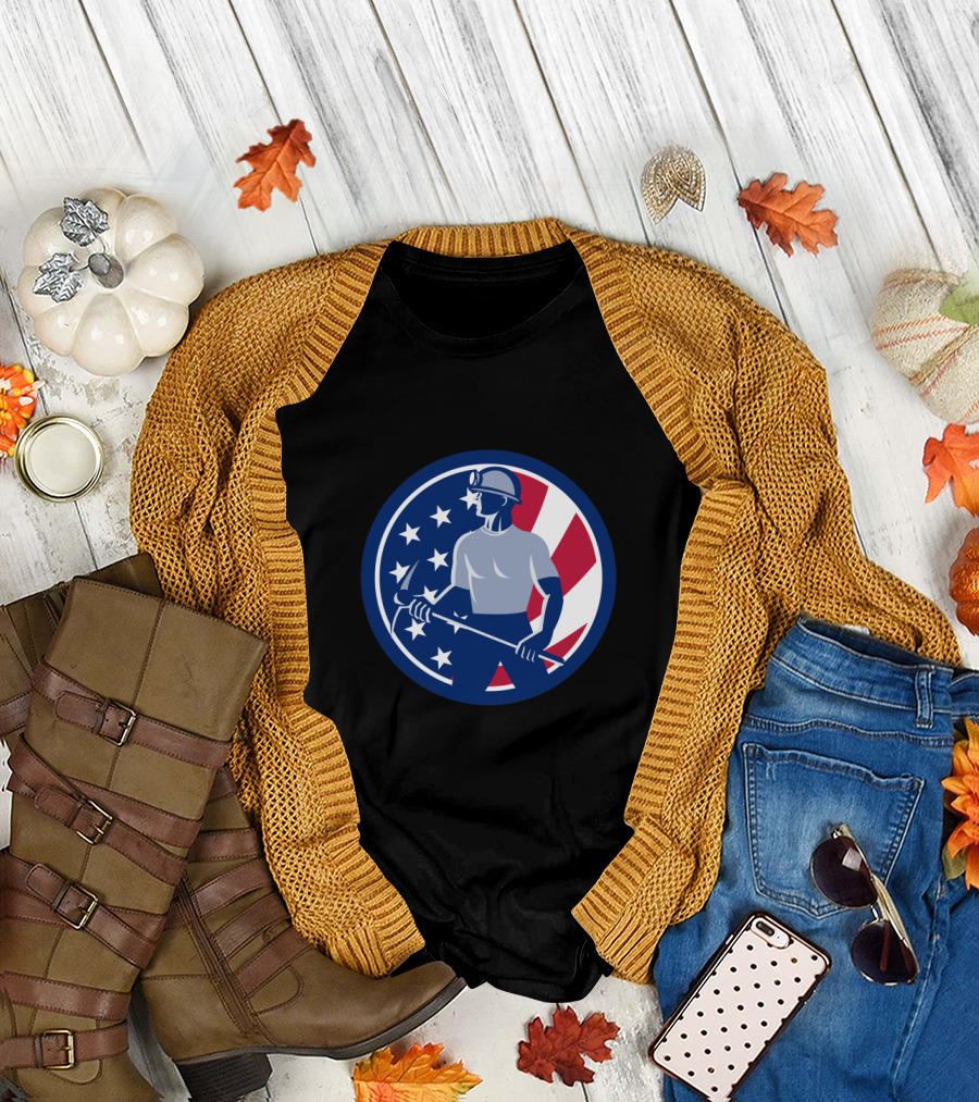 American Coal Miner with USA Flag Background T-Shirt