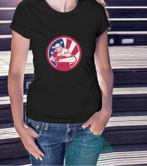 American Lumberjack With Chainsaw In USA Flag Circle T-Shirt
