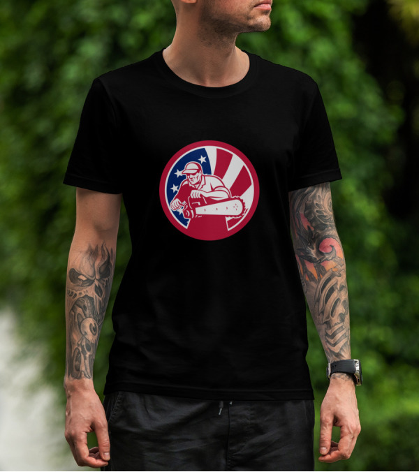 American Lumberjack With Chainsaw In USA Flag Circle T-Shirt