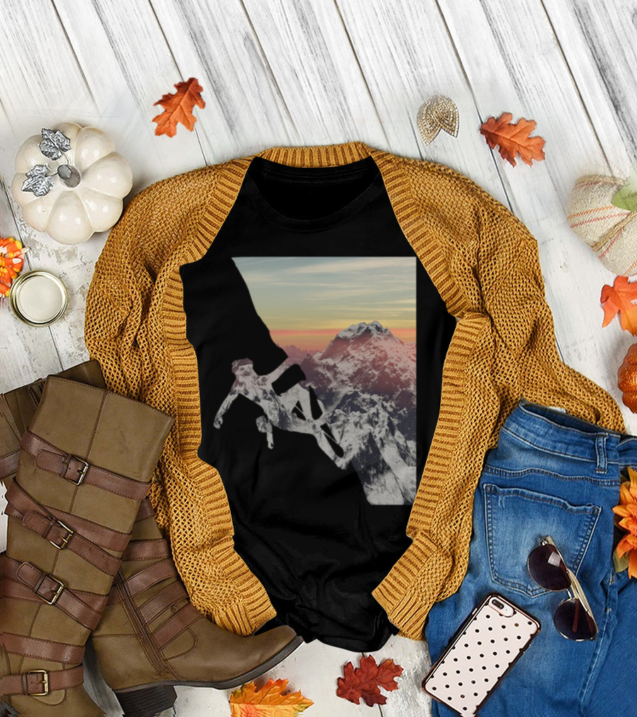 Mountain Range Climber Silhouette Against Sunset Sky T-Shirt