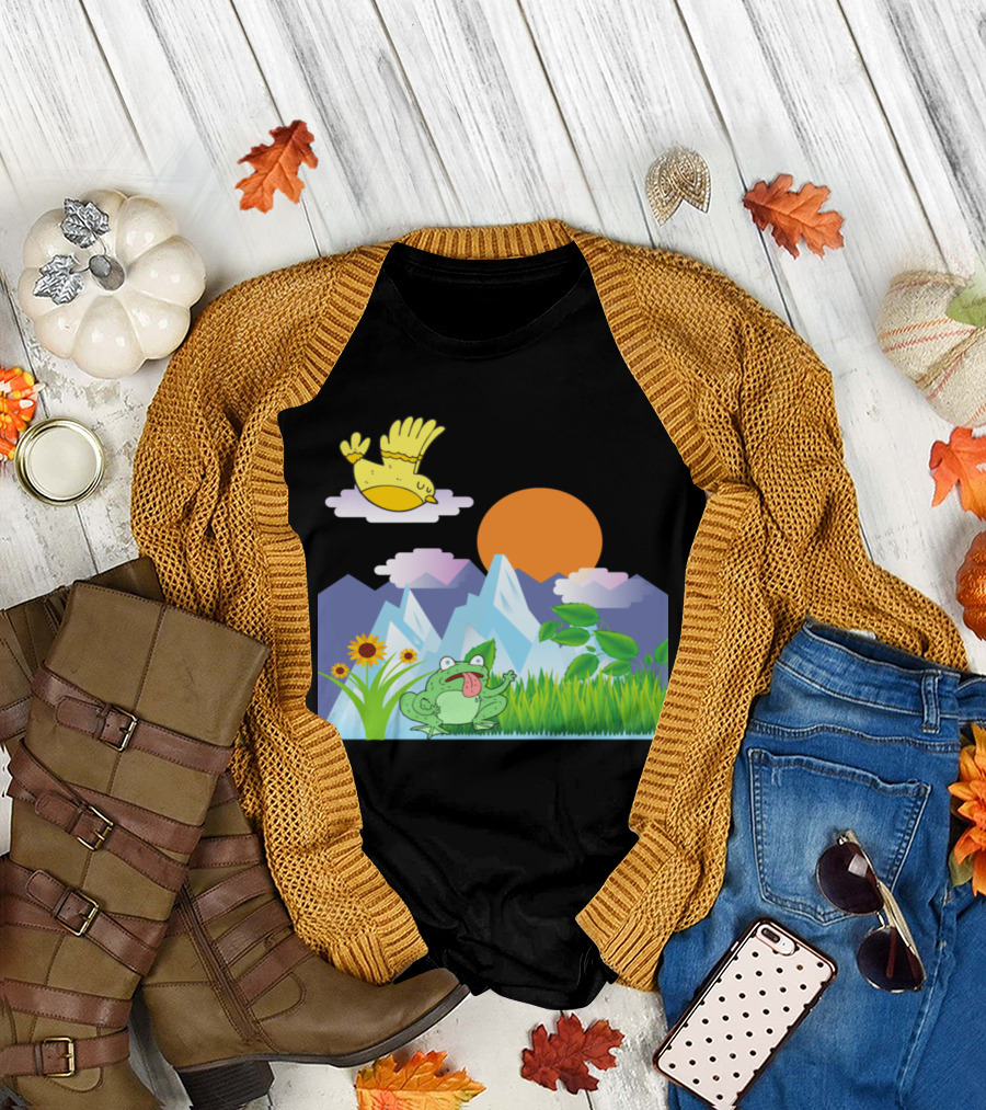 Granite Mountain Sunlit Peaks Frog and Bird Scene T-Shirt