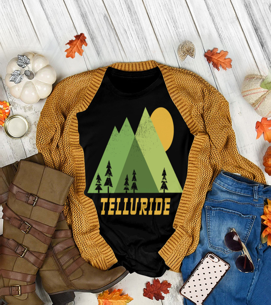 Telluride Mountains Colorado Iconic Sun and Trees T-Shirt