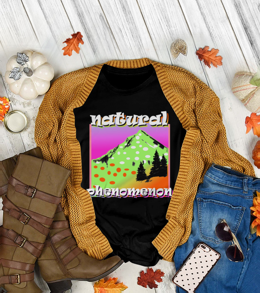 Natural Phenomenon Vibrant Mountain Scene with Trees and Polka Dots T-Shirt