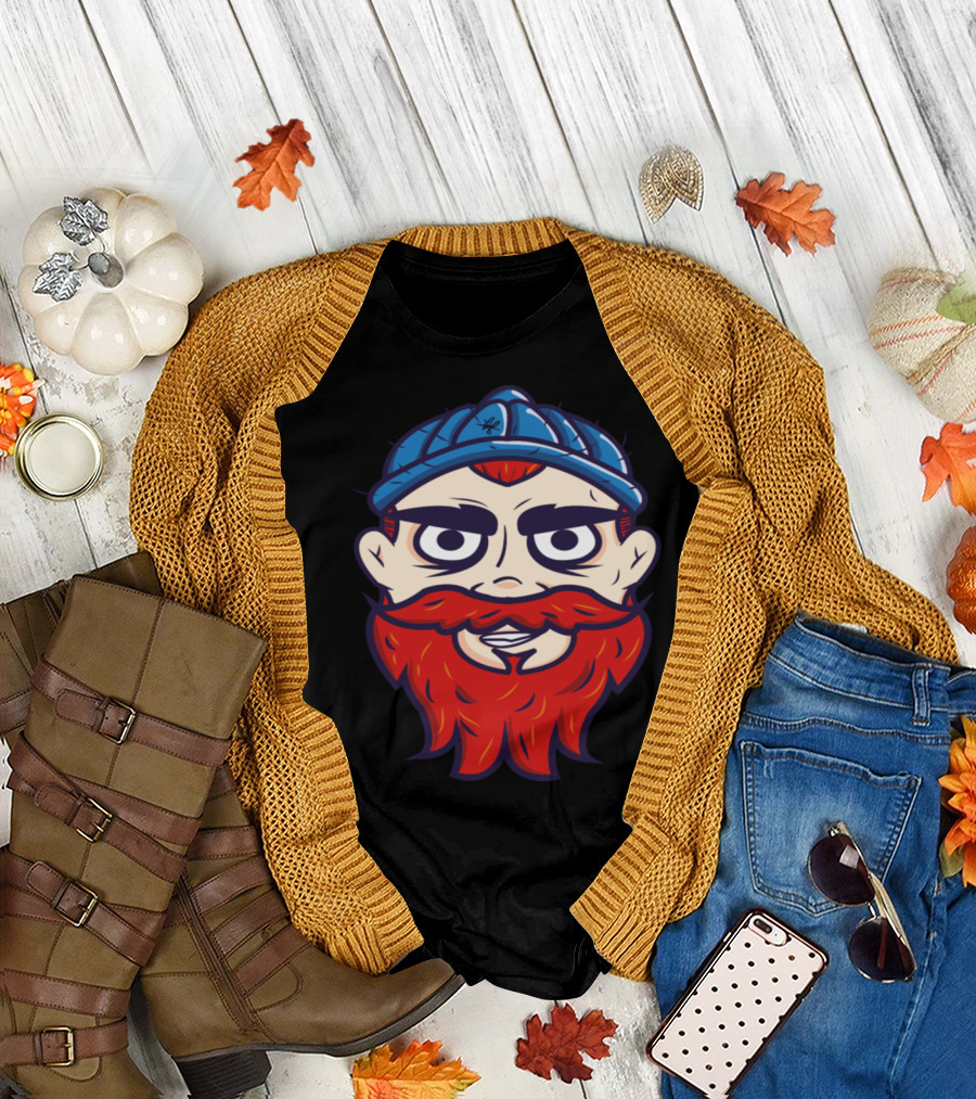 Bearded Hipster Mountaineer with Blue Knit Cap and Red Beard T-Shirt