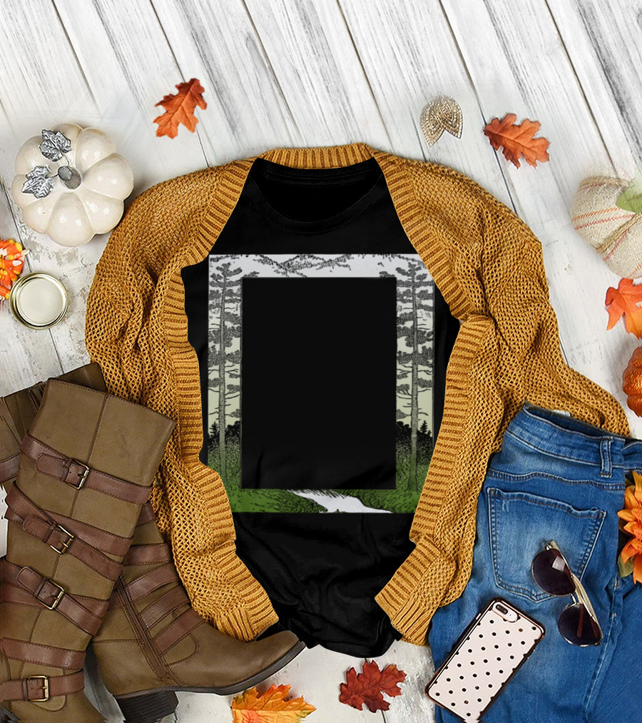 Mountain Frame Forest Scene with River and Tall Trees T-Shirt