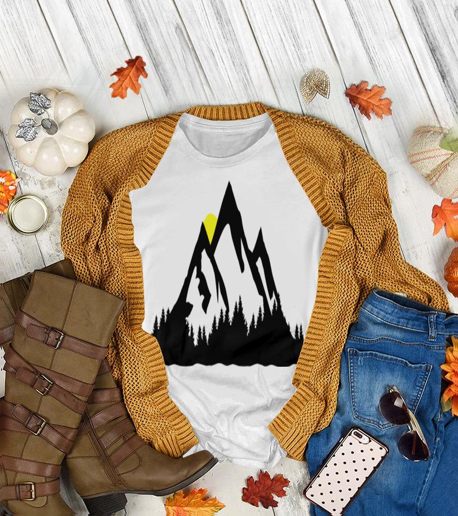 I don't have access to the image's text, but based on the description, a relevant title using confirmed context could be: Sunlit Peaks and Woodland T-