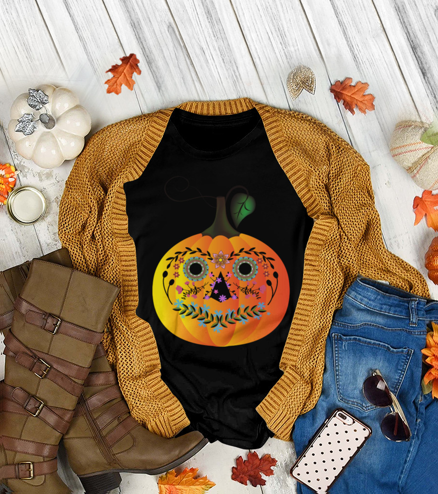 Sugar Skull Pumpkin Halloween Day of the Dead Fiesta T-Shirt